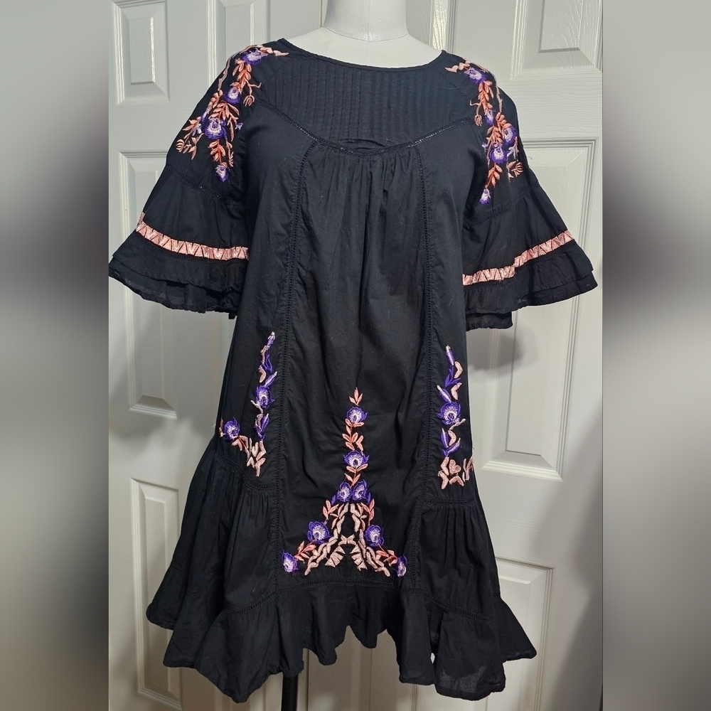 Free People Pavlo Cotton Embroidered Black Flounce Fairycore Dress Sz XS - Picture 4 of 10